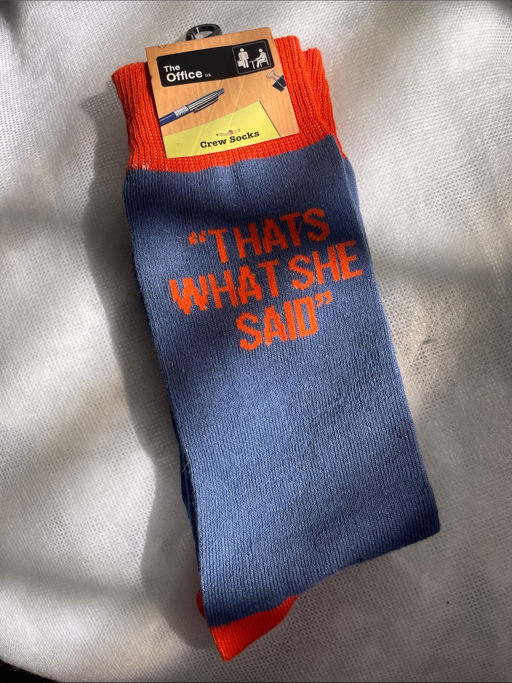 Hot Topic Blue and Orange "That's What She Said" Crew Socks